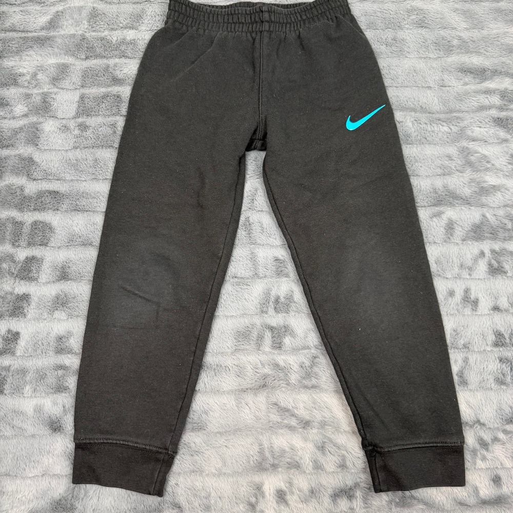 Nike Kids Black Fleece Joggers Teal Swoosh Sweatpants Size 7 6-7Y K262-023